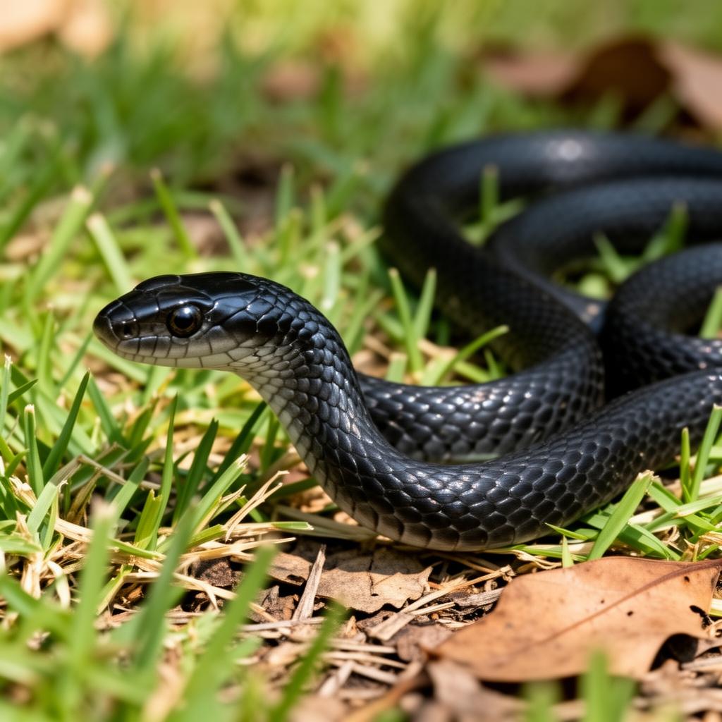 Harmless black racer snake in a South Carolina backyard